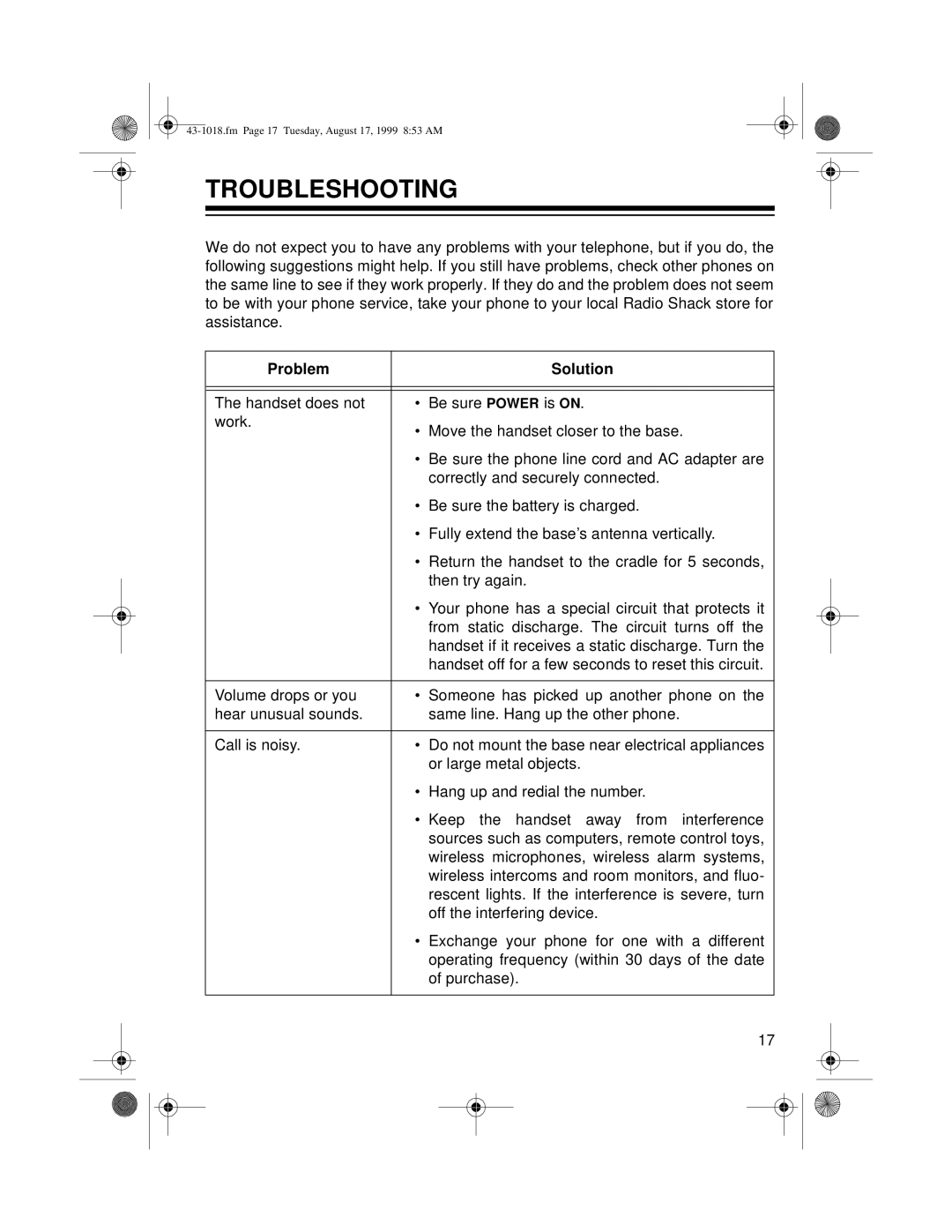 Radio Shack ET-518 owner manual Troubleshooting, Problem Solution 