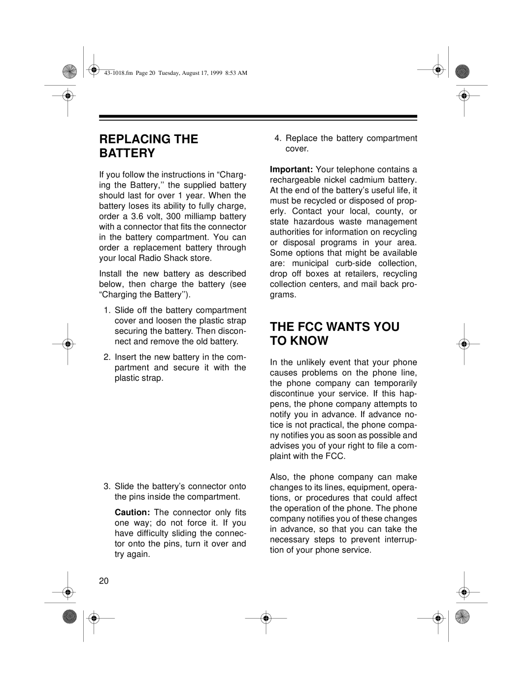 Radio Shack ET-518 owner manual Replacing Battery, FCC Wants YOU to Know 