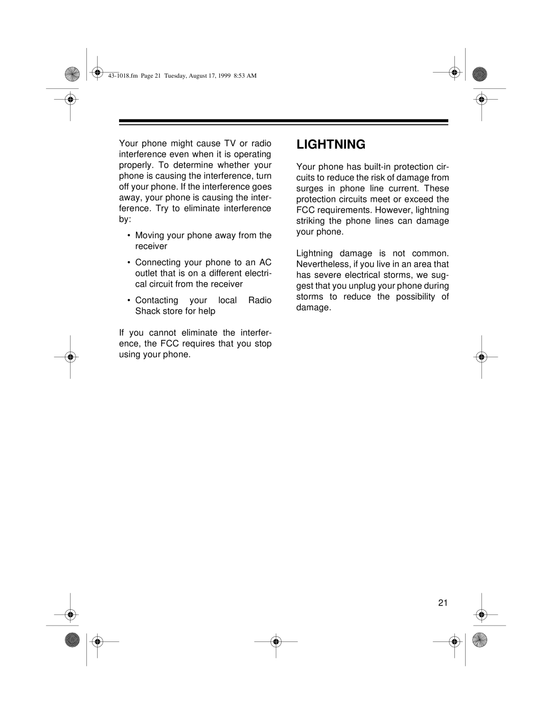 Radio Shack ET-518 owner manual Lightning 