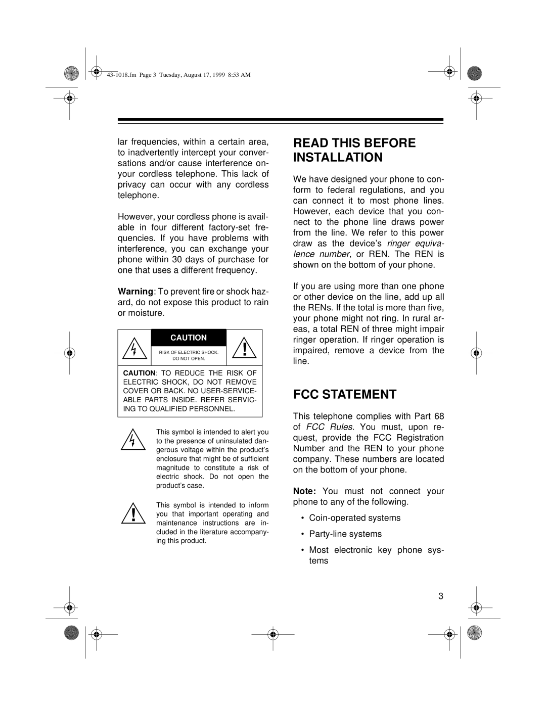 Radio Shack ET-518 owner manual Read this Before Installation, FCC Statement 