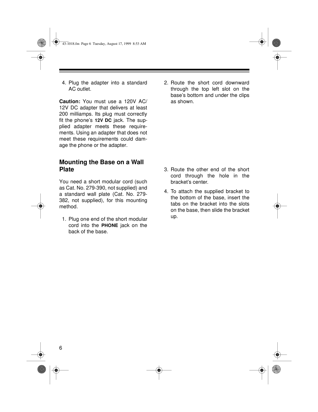 Radio Shack ET-518 owner manual Mounting the Base on a Wall Plate 