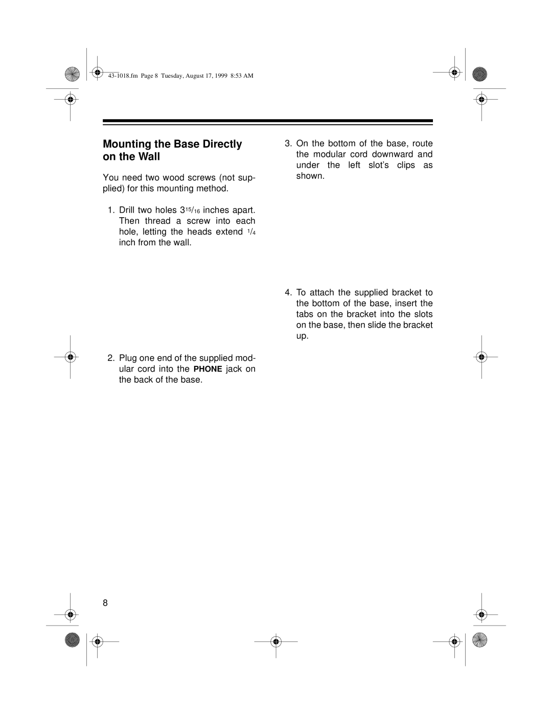 Radio Shack ET-518 owner manual Mounting the Base Directly on the Wall 