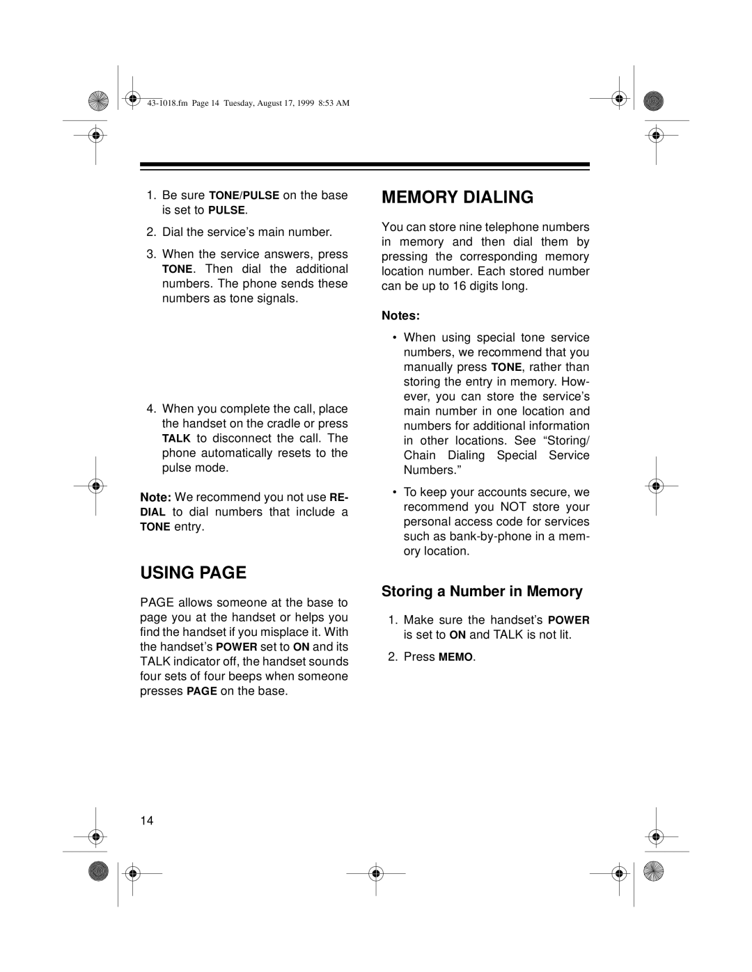 Radio Shack ET-518 owner manual Using Page, Memory Dialing, Storing a Number in Memory 