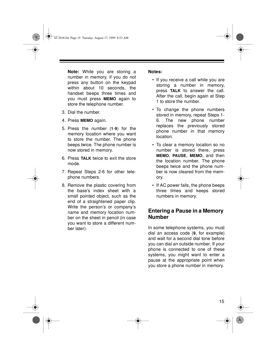 Radio Shack ET-518 owner manual Entering a Pause in a Memory Number 