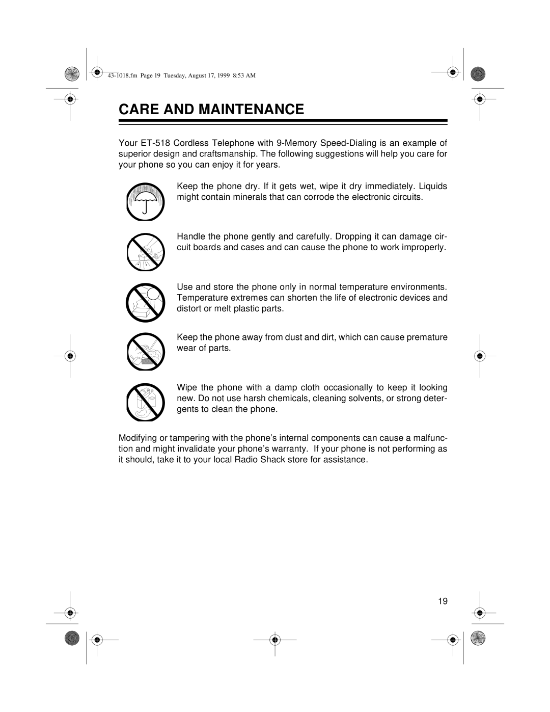 Radio Shack ET-518 owner manual Care And Maintenance, fm Page 19 Tuesday, August 17, 1999 853 AM 