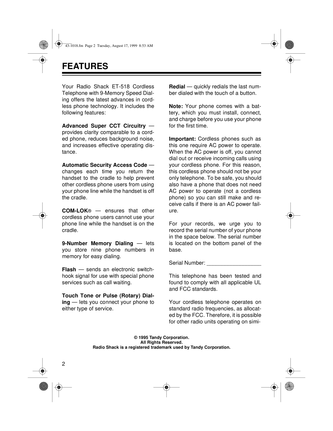 Radio Shack ET-518 owner manual Features 