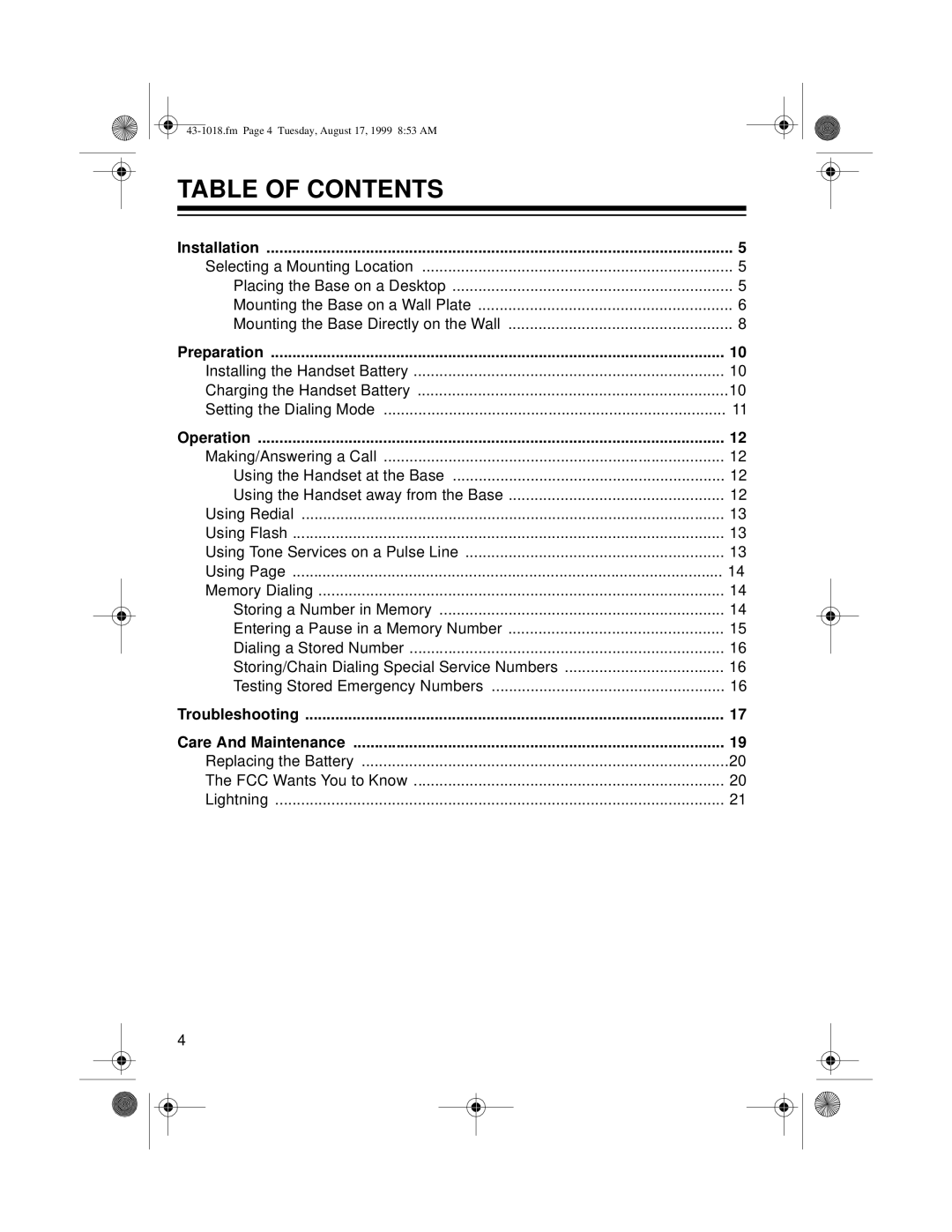 Radio Shack ET-518 owner manual Table Of Contents 