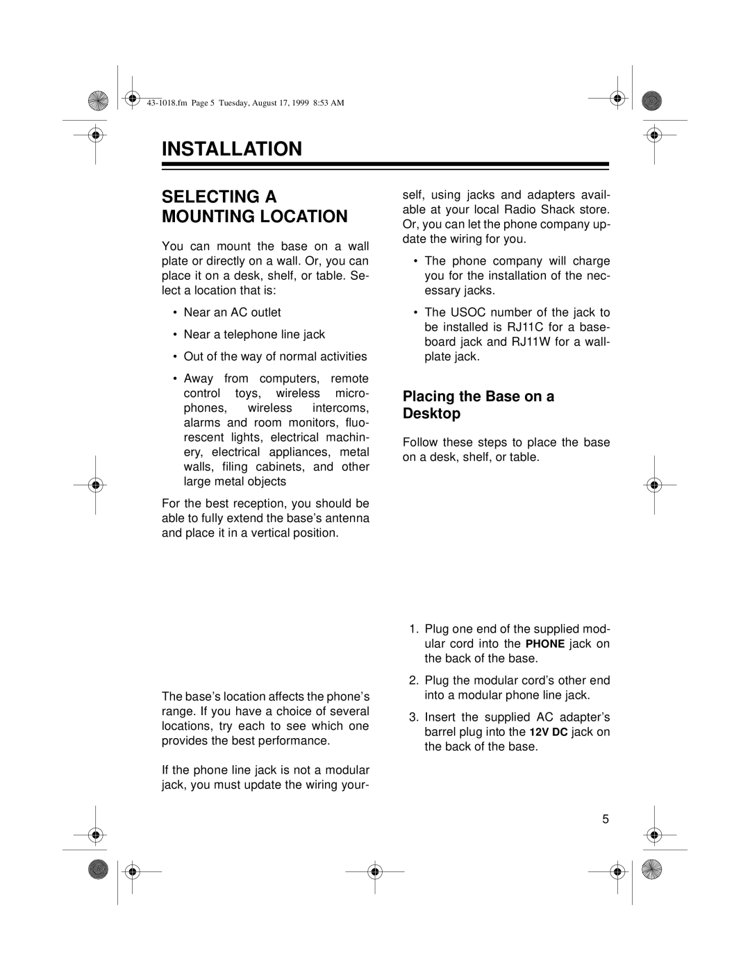 Radio Shack ET-518 owner manual Installation, Selecting A Mounting Location, Placing the Base on a Desktop 