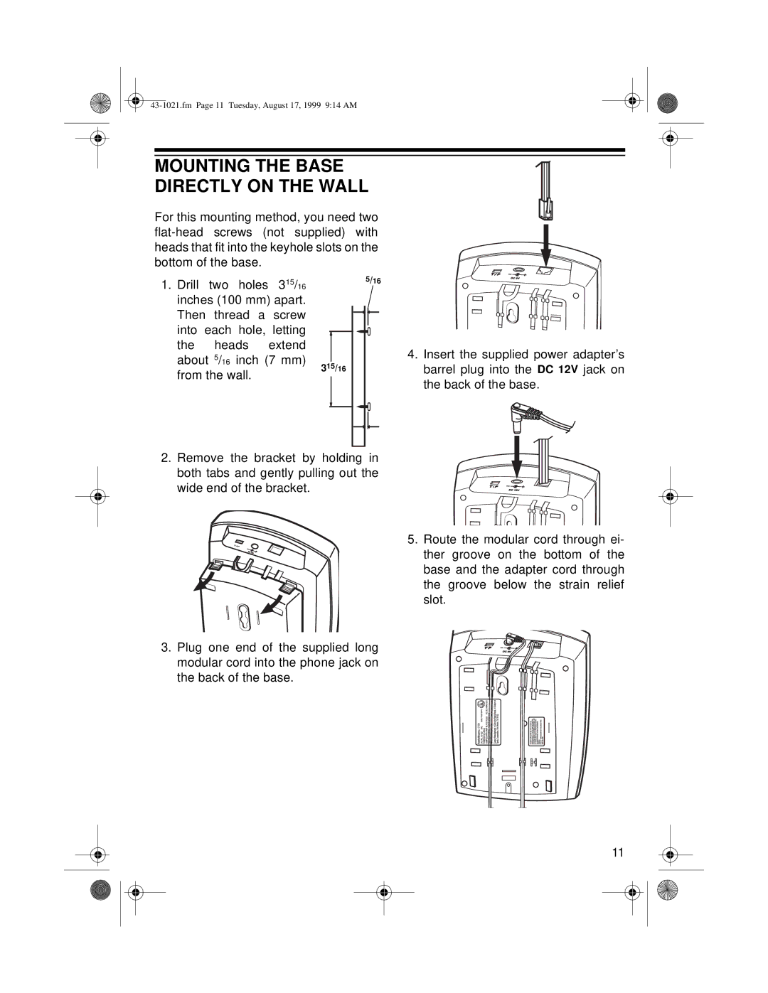 Radio Shack ET-521 owner manual Mounting the Base Directly on the Wall 