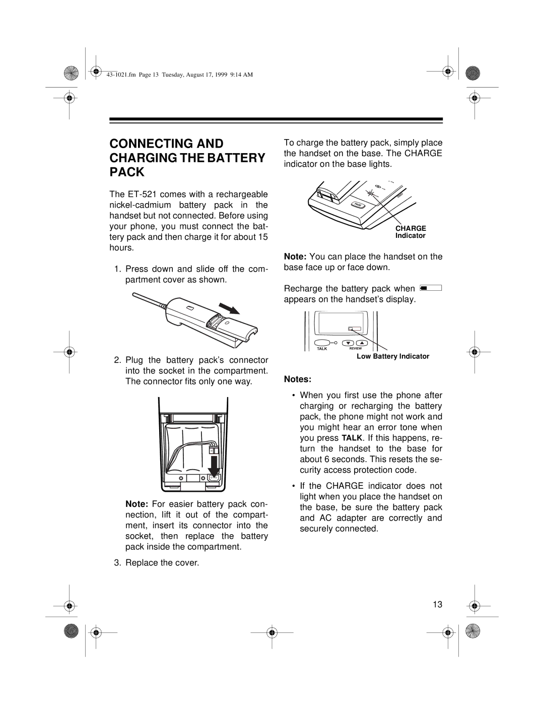 Radio Shack ET-521 owner manual Connecting and Charging the Battery Pack 