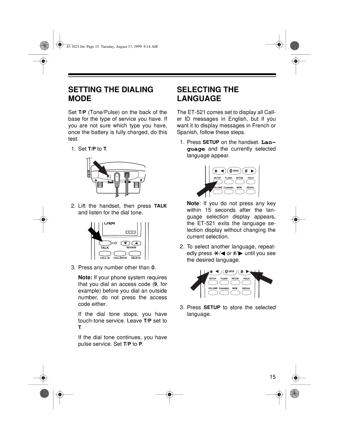 Radio Shack ET-521 owner manual Setting the Dialing Mode, Selecting Language 