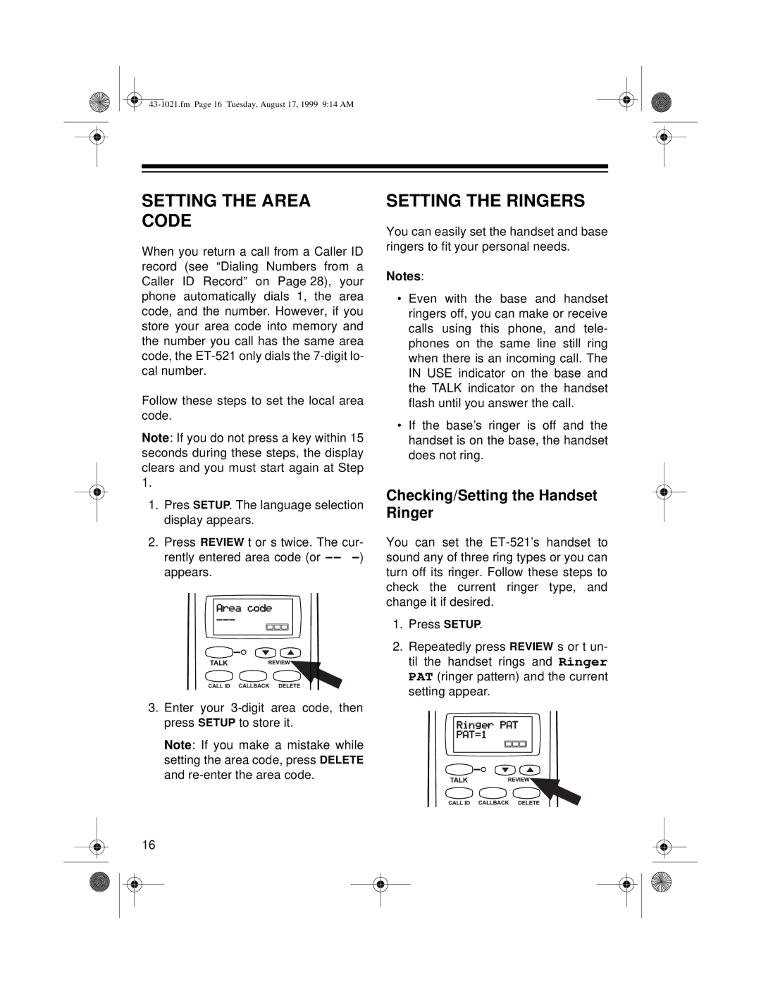 Radio Shack ET-521 owner manual Setting the Area Code, Setting the Ringers, Checking/Setting the Handset Ringer 