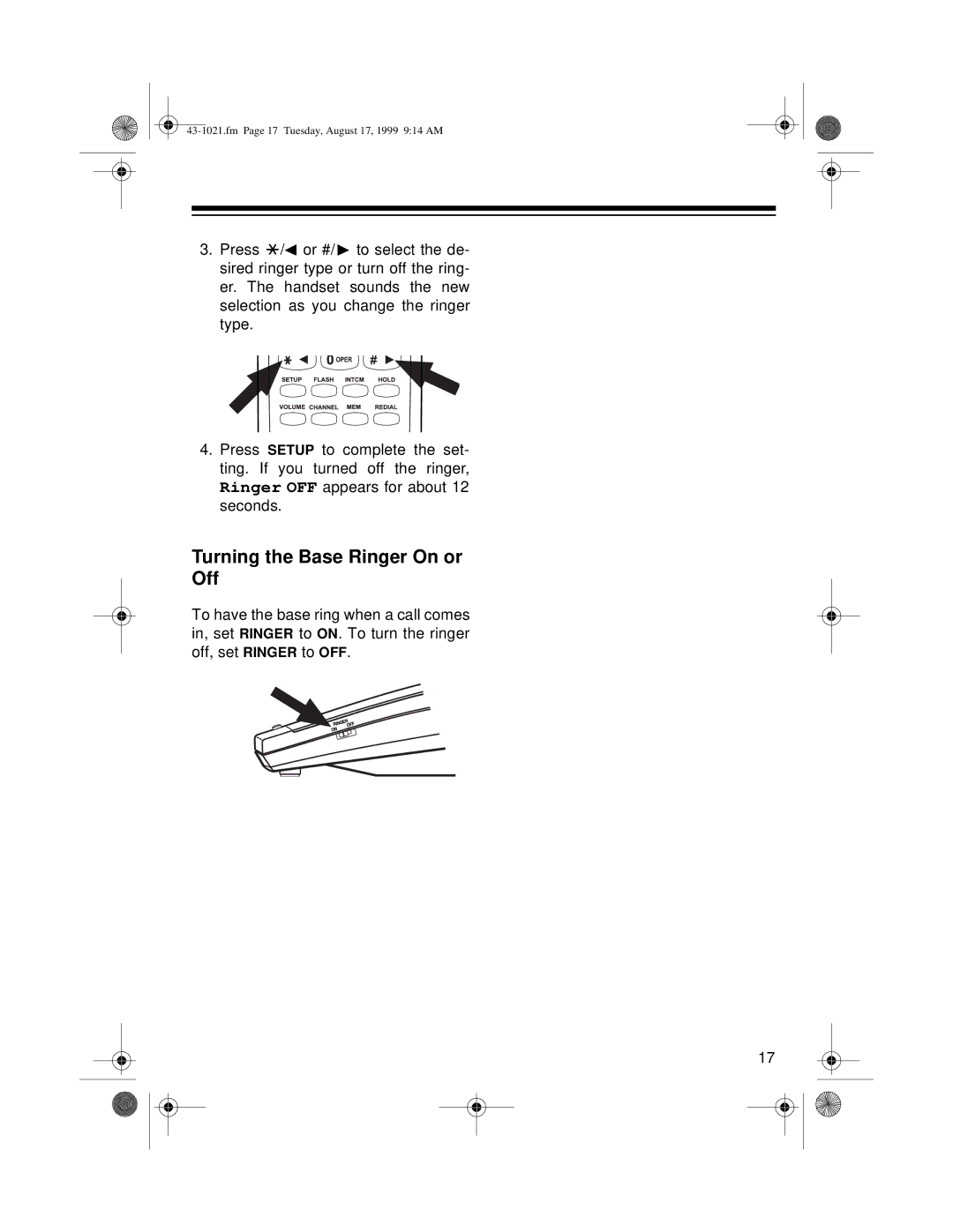 Radio Shack ET-521 owner manual Turning the Base Ringer On or Off 