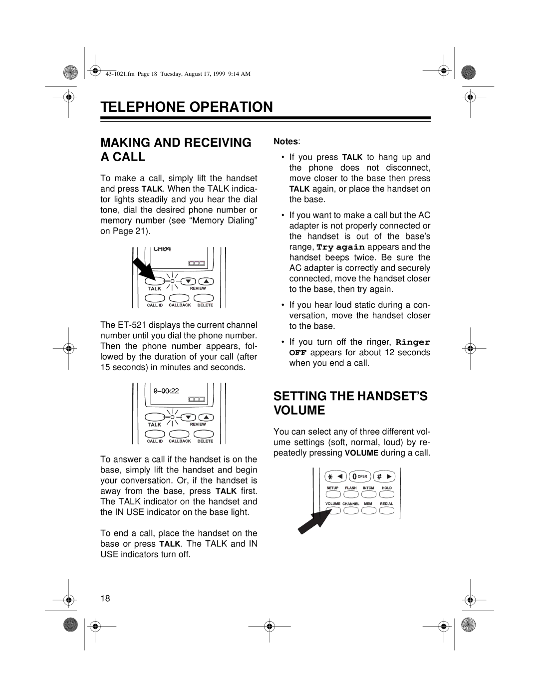 Radio Shack ET-521 owner manual Telephone Operation, Making and Receiving a Call, Setting the HANDSET’S Volume 