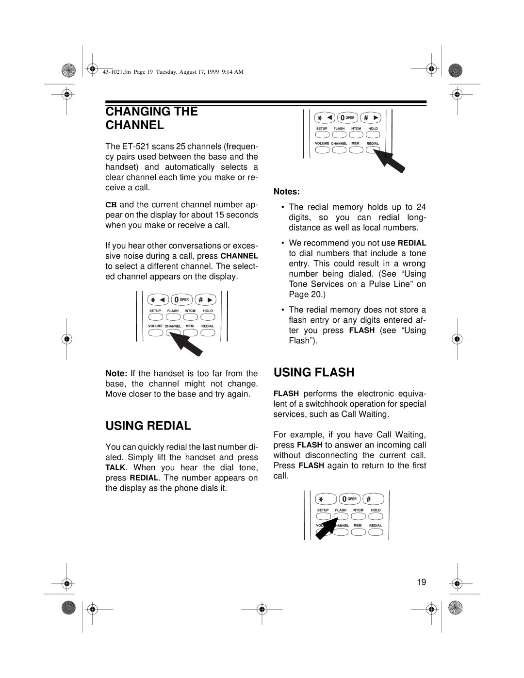 Radio Shack ET-521 owner manual Changing Channel, Using Redial, Using Flash 