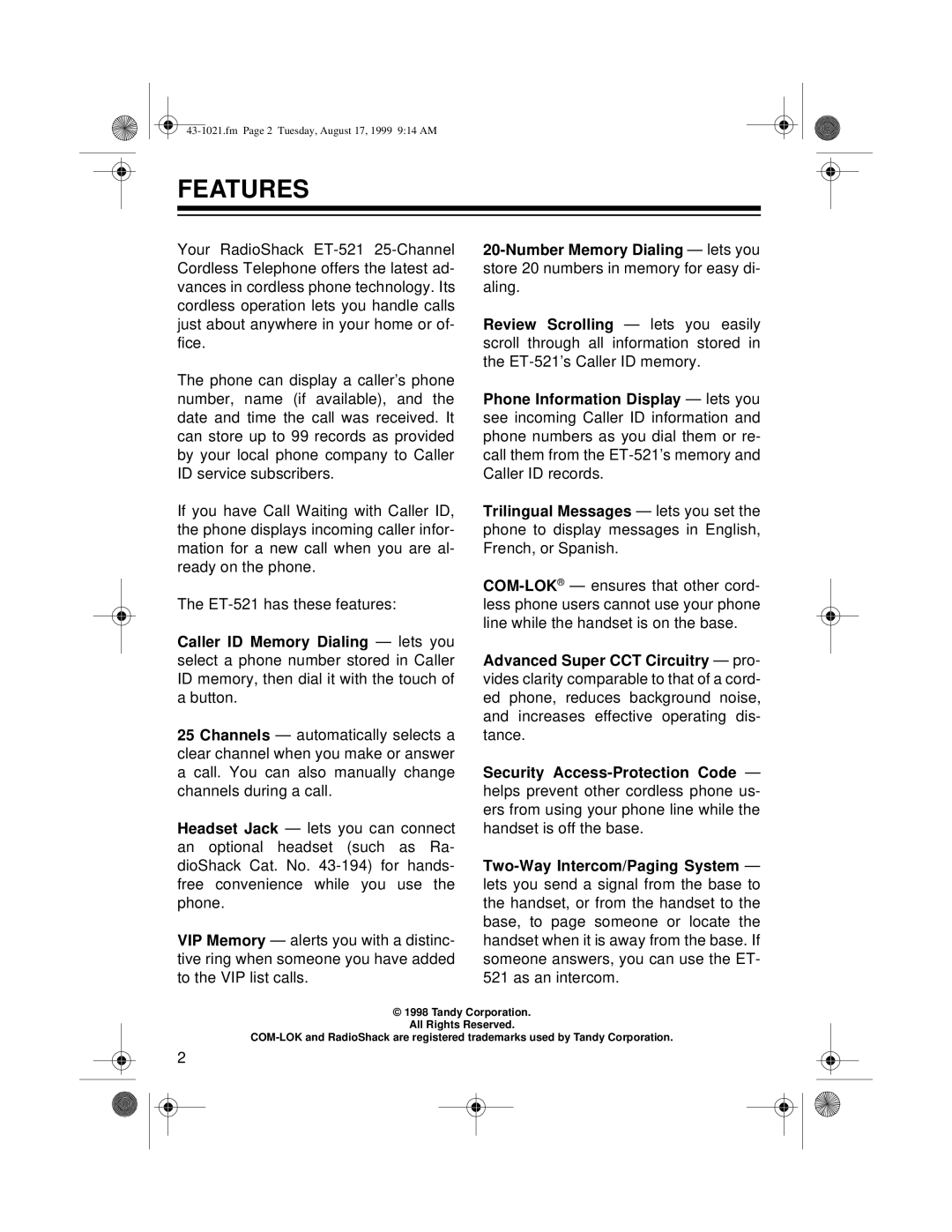 Radio Shack ET-521 owner manual Features 