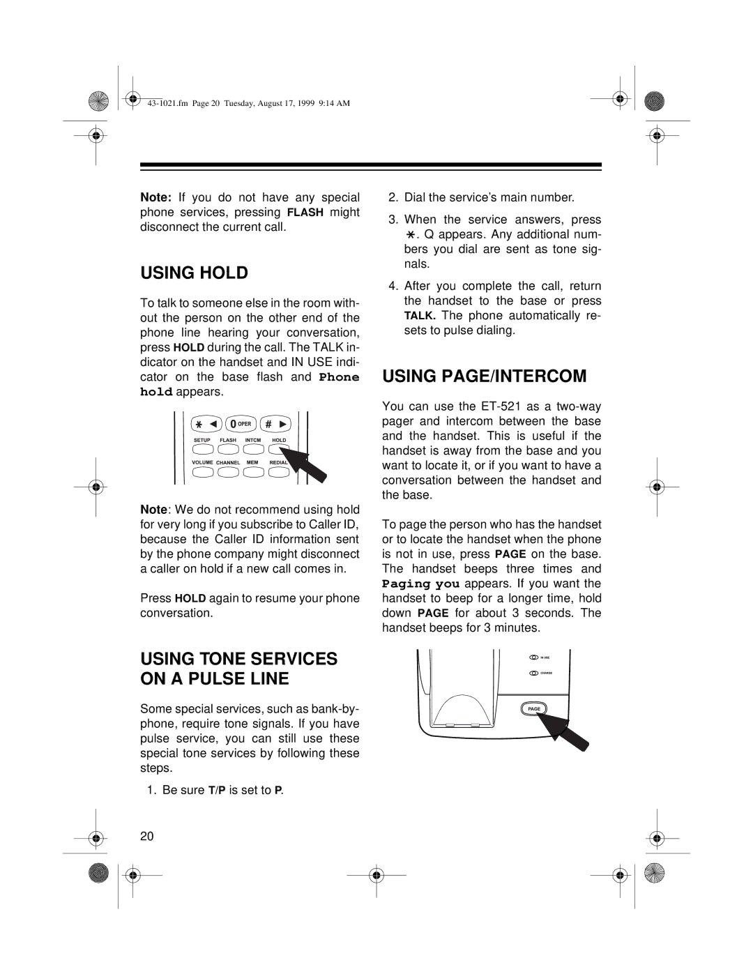 Radio Shack ET-521 owner manual Using Hold, Using PAGE/INTERCOM 