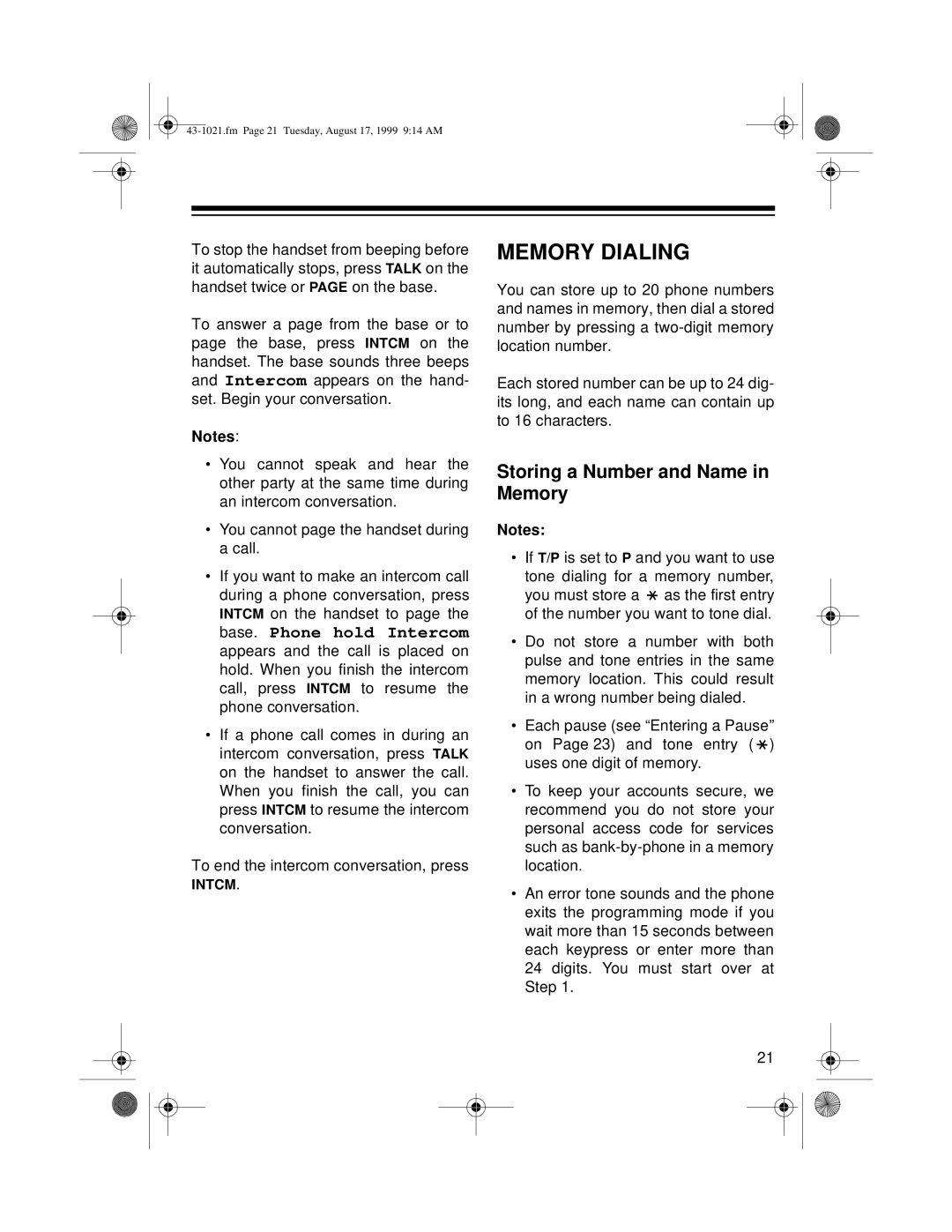 Radio Shack ET-521 owner manual Memory Dialing, Storing a Number and Name in Memory 