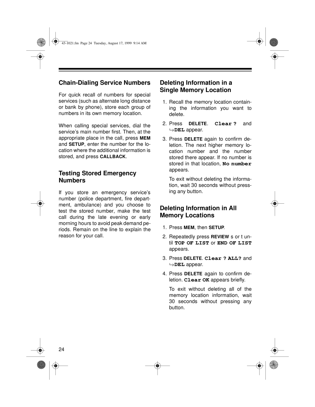 Radio Shack ET-521 owner manual Chain-Dialing Service Numbers, Testing Stored Emergency Numbers 