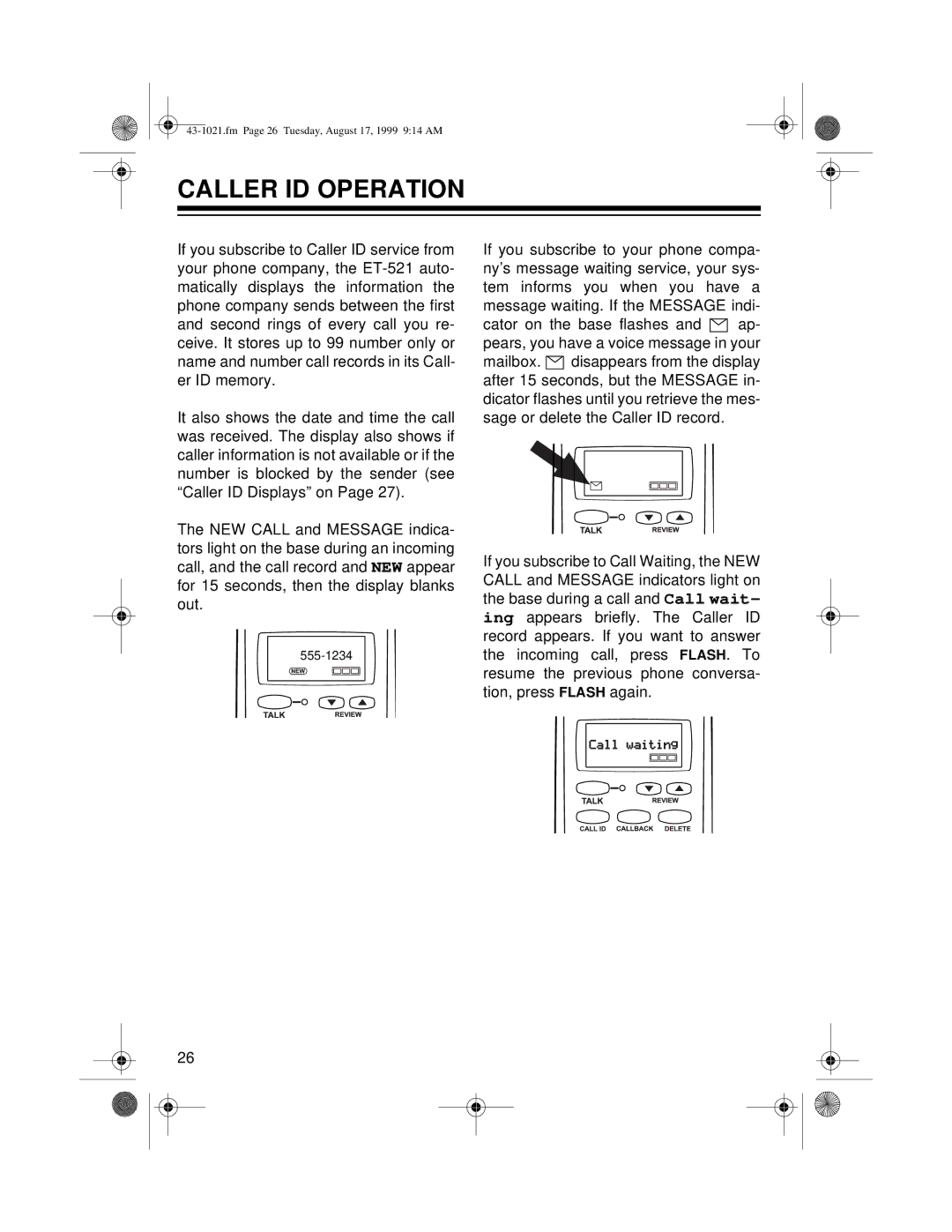 Radio Shack ET-521 owner manual Caller ID Operation 