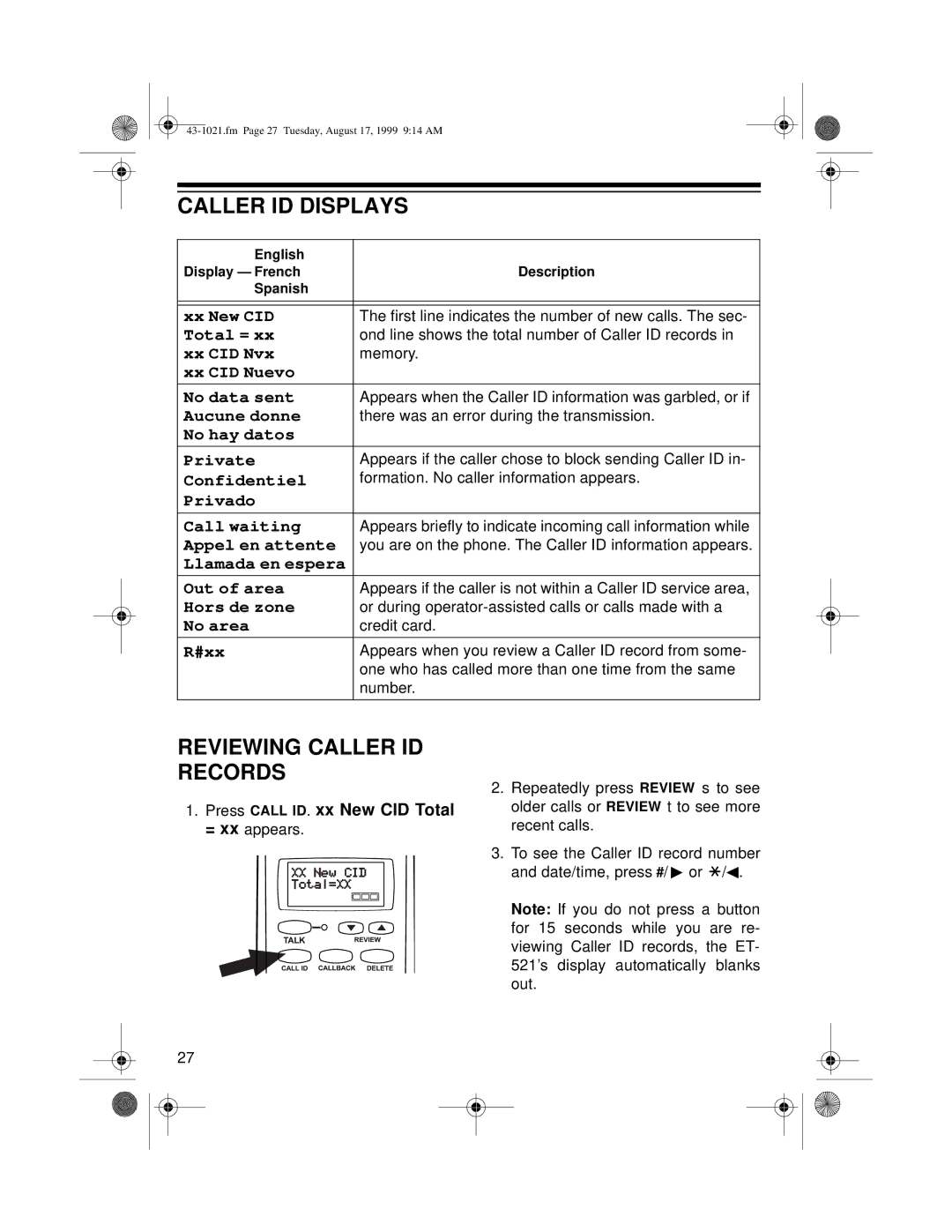 Radio Shack ET-521 owner manual Caller ID Displays, Reviewing Caller ID Records 