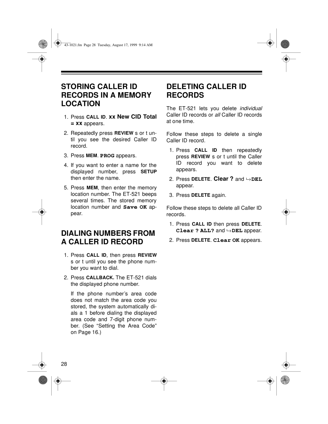 Radio Shack ET-521 owner manual Storing Caller ID Records in a Memory Location, Deleting Caller ID Records 