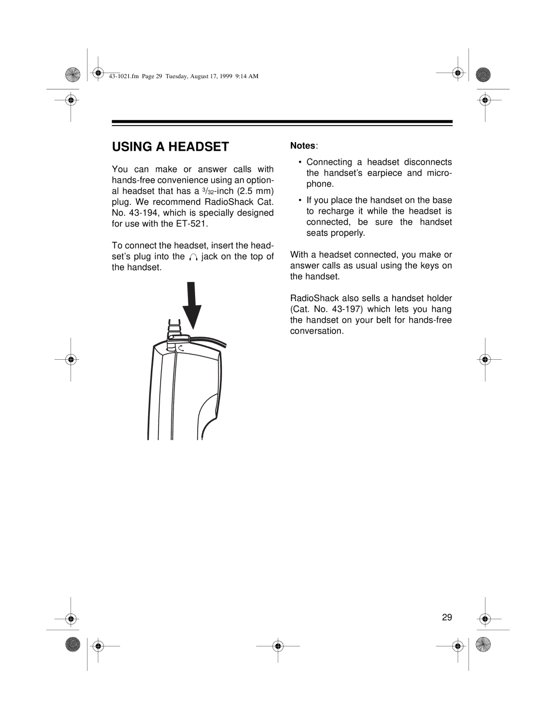 Radio Shack ET-521 owner manual Using a Headset 