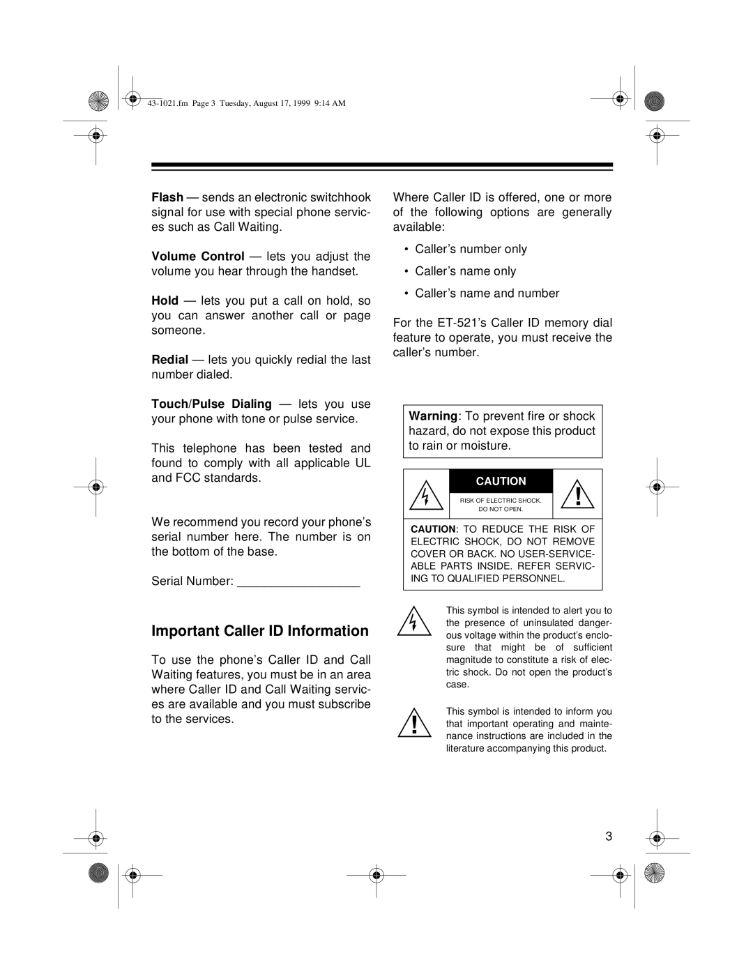 Radio Shack ET-521 owner manual Important Caller ID Information 