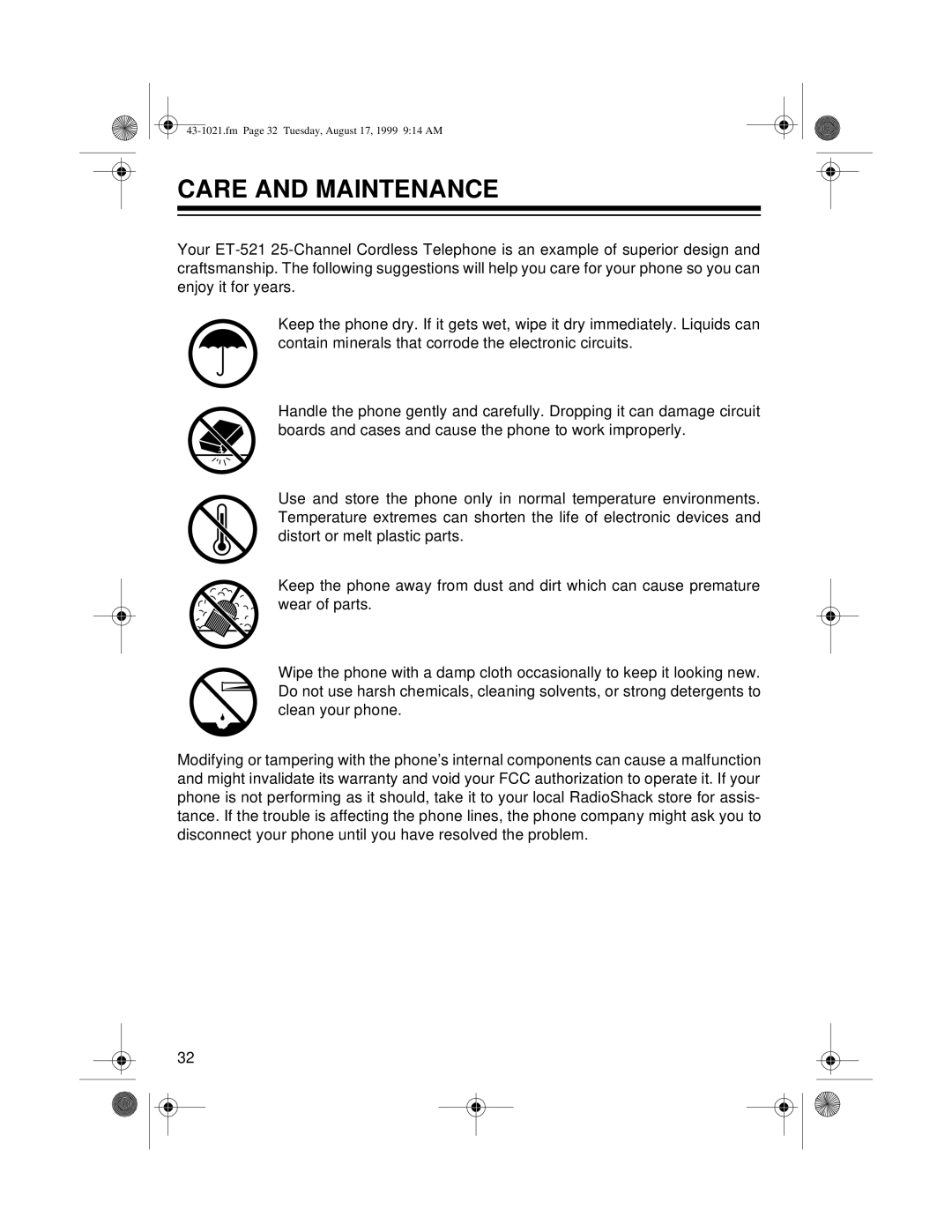 Radio Shack ET-521 owner manual Care and Maintenance 