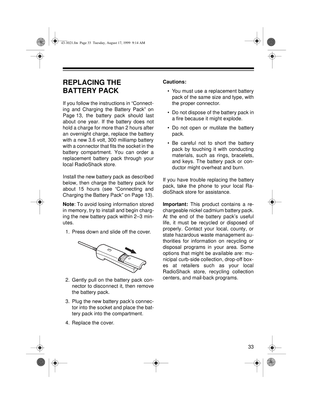 Radio Shack ET-521 owner manual Replacing Battery Pack 