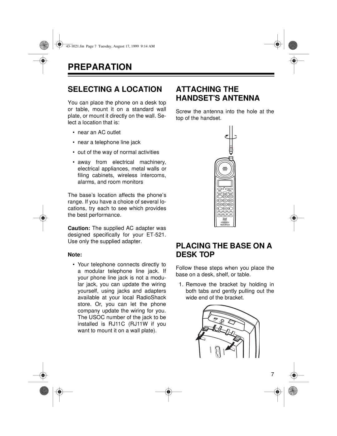 Radio Shack ET-521 Preparation, Selecting a Location, Attaching the HANDSET’S Antenna, Placing the Base on a Desk TOP 