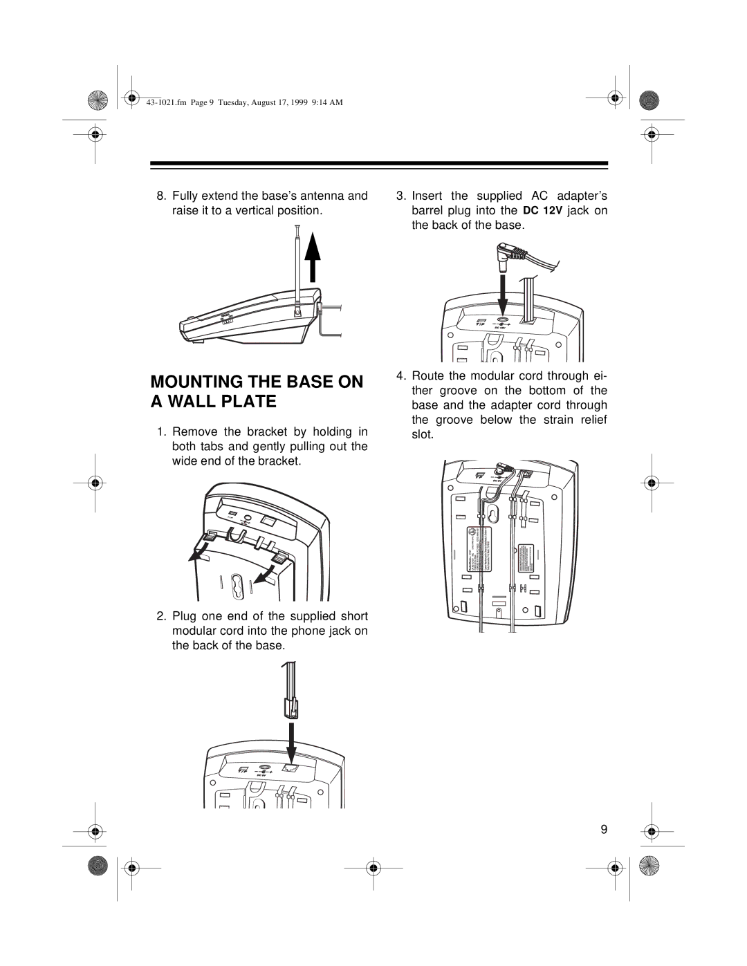 Radio Shack ET-521 owner manual Mounting the Base on a Wall Plate 