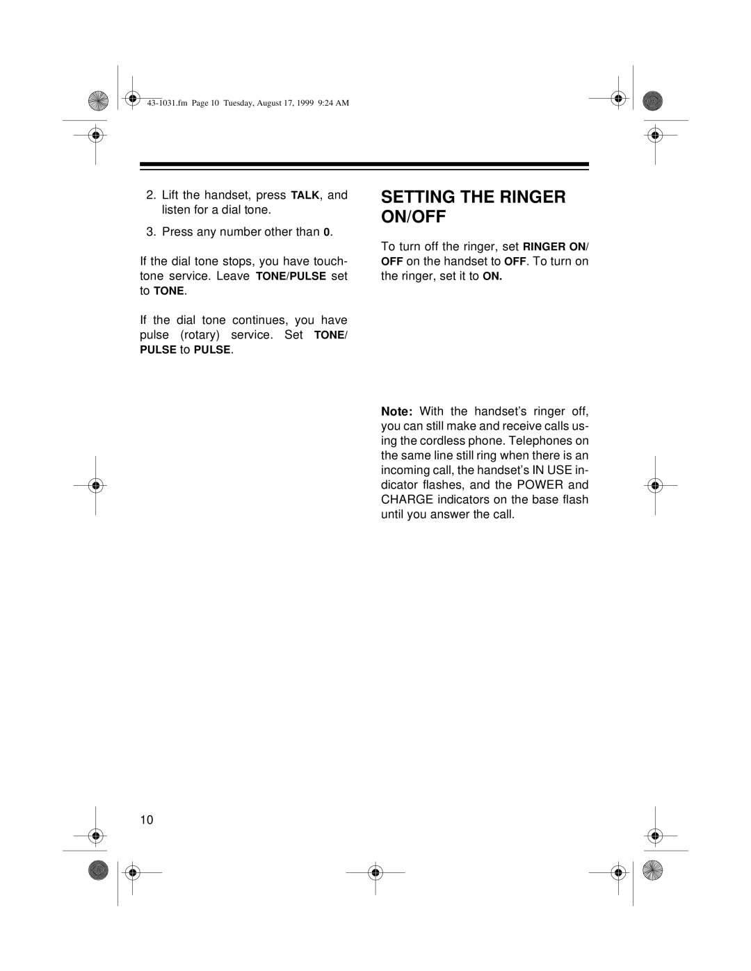 Radio Shack ET-531 owner manual Setting the Ringer ON/OFF 