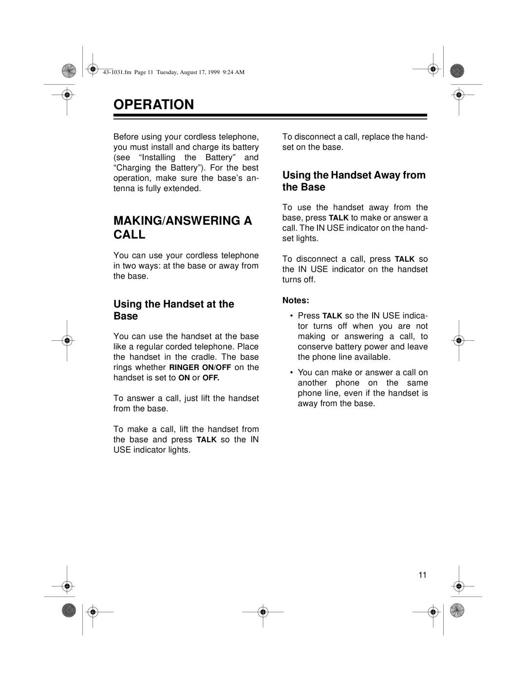 Radio Shack ET-531 Operation, MAKING/ANSWERING a Call, Using the Handset at the Base, Using the Handset Away from the Base 