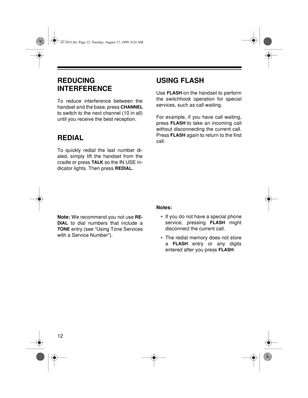 Radio Shack ET-531 owner manual Reducing Interference, Redial, Using Flash 