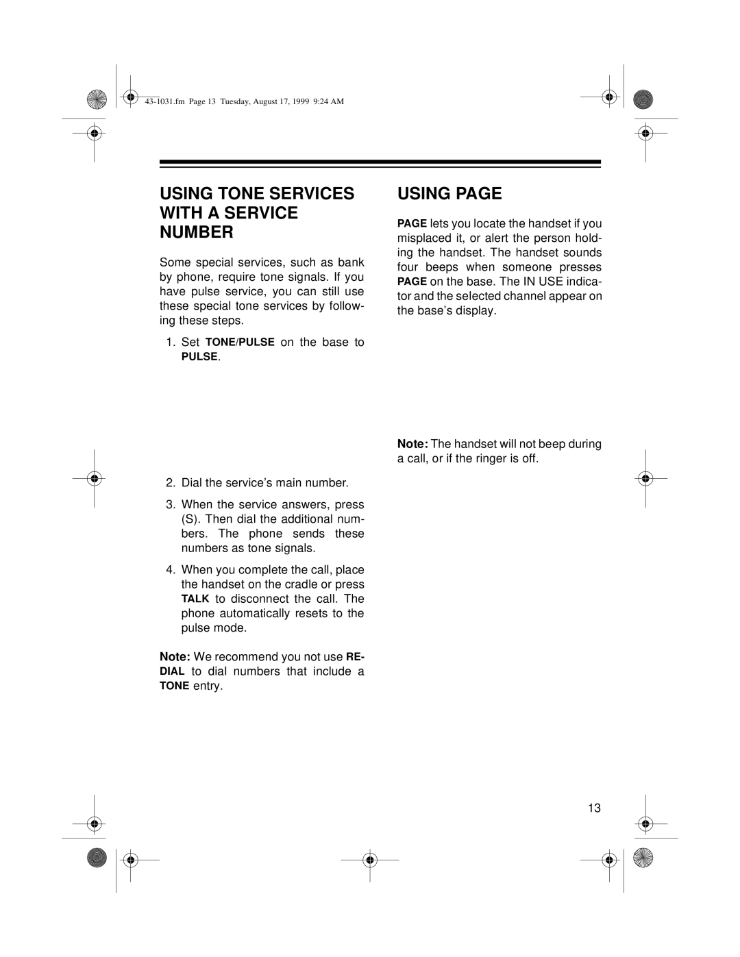 Radio Shack ET-531 owner manual Using Tone Services with a Service Number 