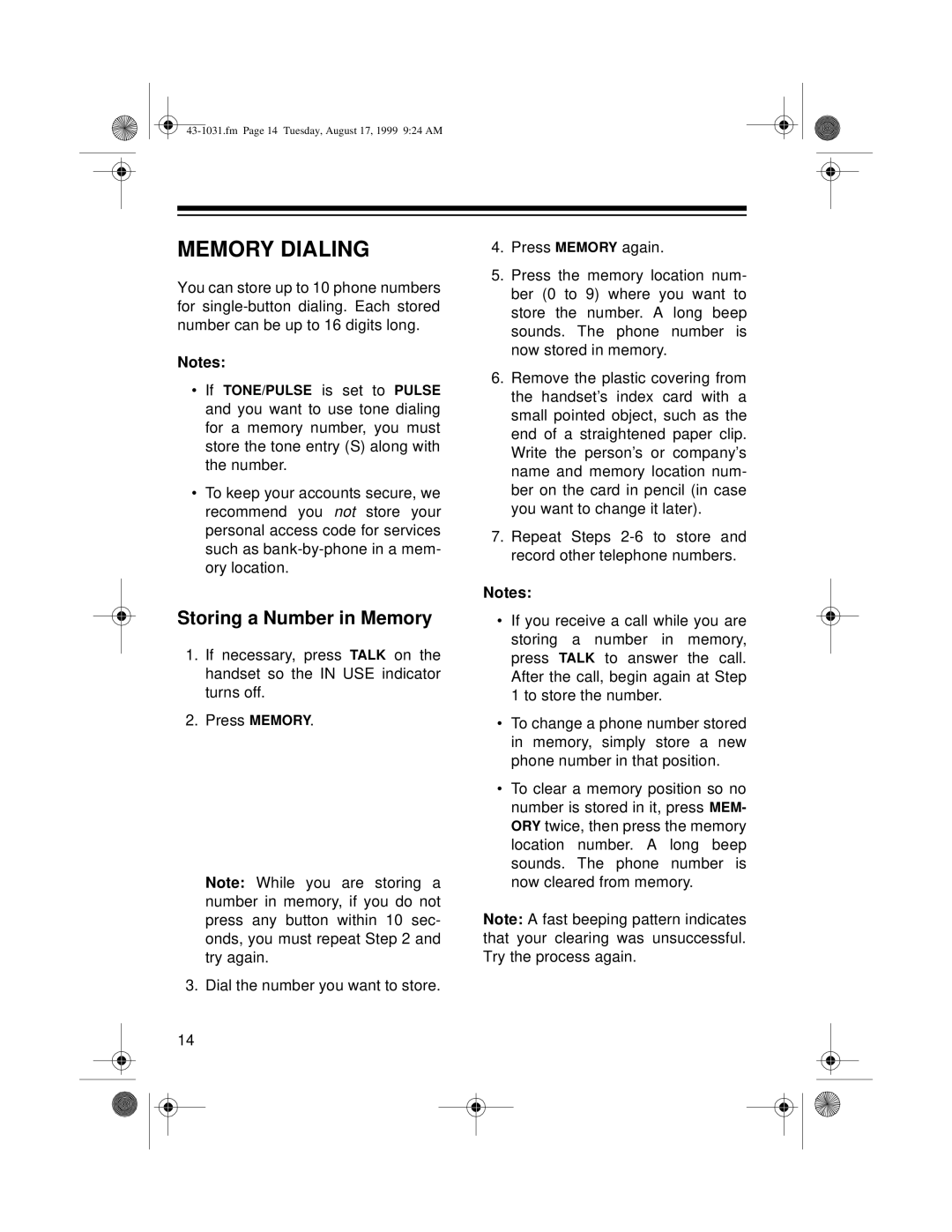 Radio Shack ET-531 owner manual Memory Dialing, Storing a Number in Memory 