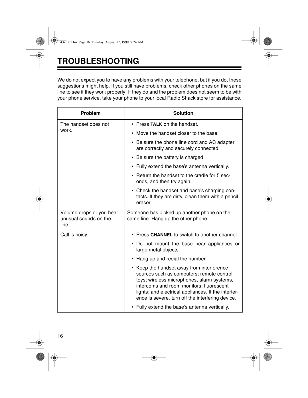 Radio Shack ET-531 owner manual Troubleshooting, Problem Solution 