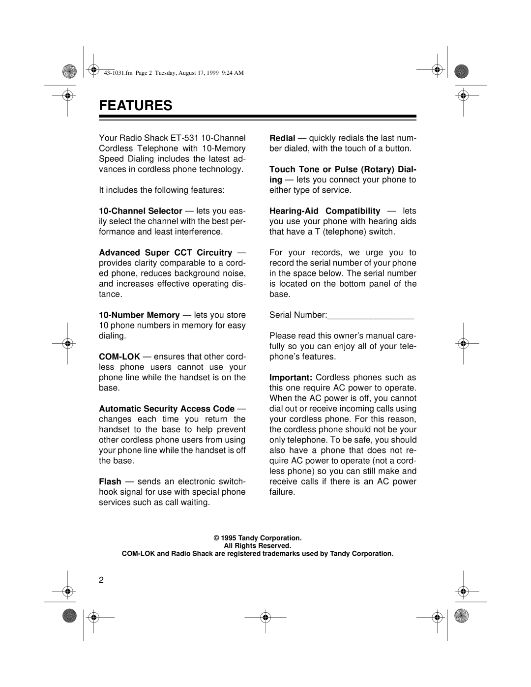 Radio Shack ET-531 owner manual Features 