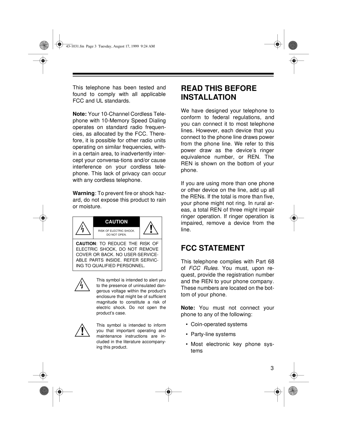 Radio Shack ET-531 owner manual Read this Before Installation, FCC Statement 