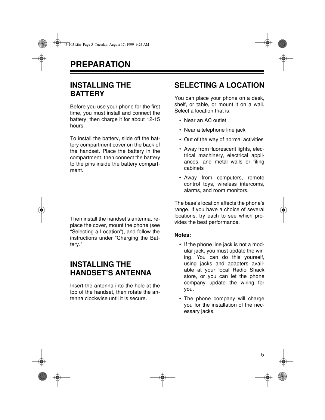 Radio Shack ET-531 owner manual Preparation, Installing Battery, Installing the HANDSET’S Antenna, Selecting a Location 