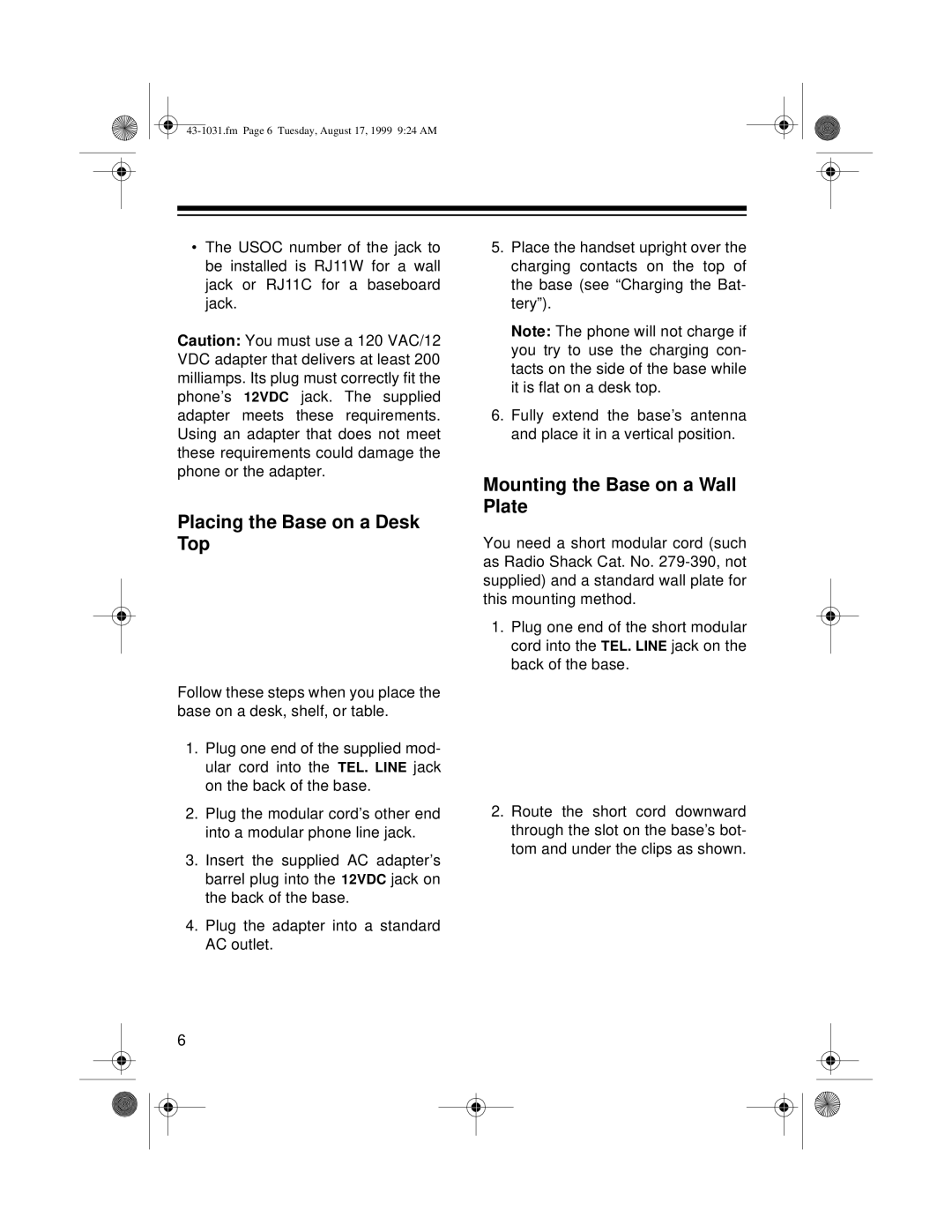 Radio Shack ET-531 owner manual Placing the Base on a Desk Top, Mounting the Base on a Wall Plate 