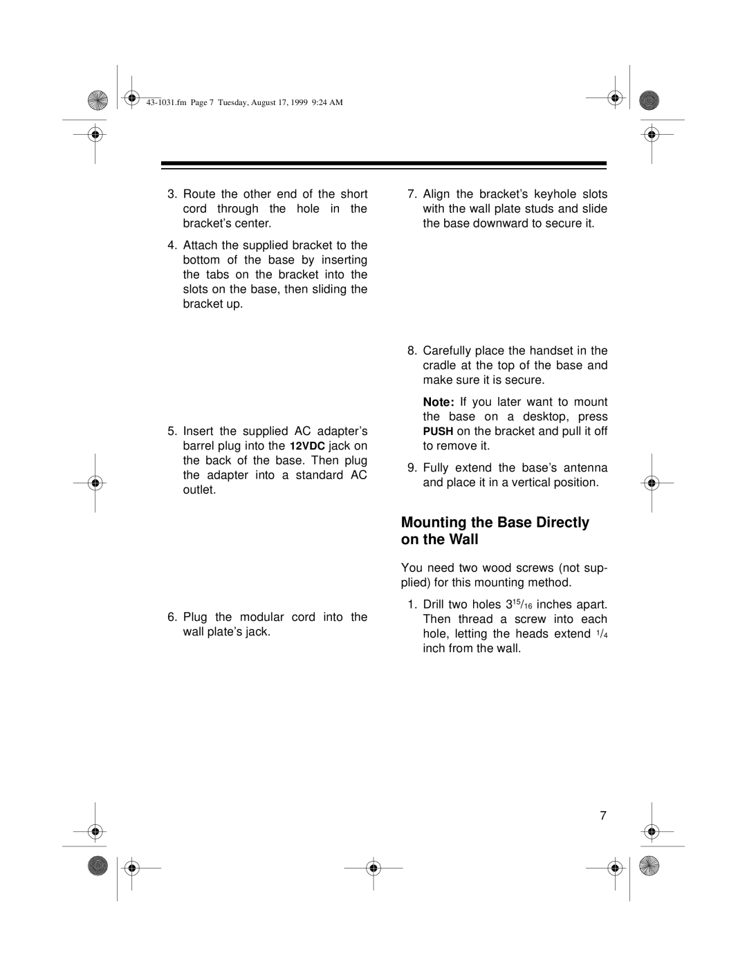 Radio Shack ET-531 owner manual Mounting the Base Directly on the Wall 