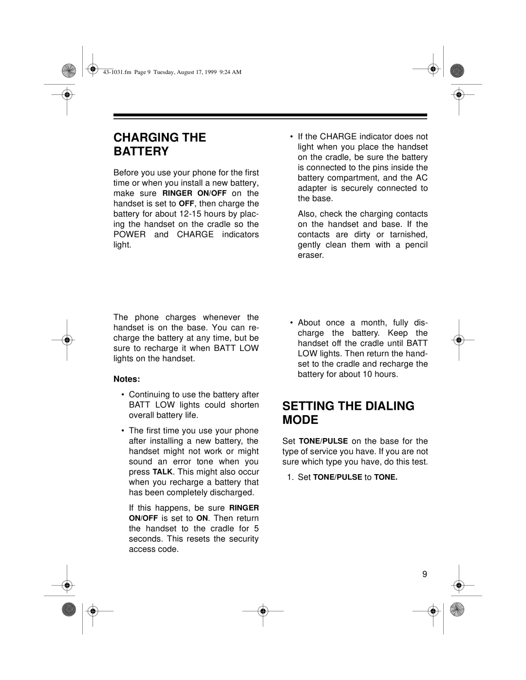 Radio Shack ET-531 owner manual Charging Battery, Setting the Dialing Mode 