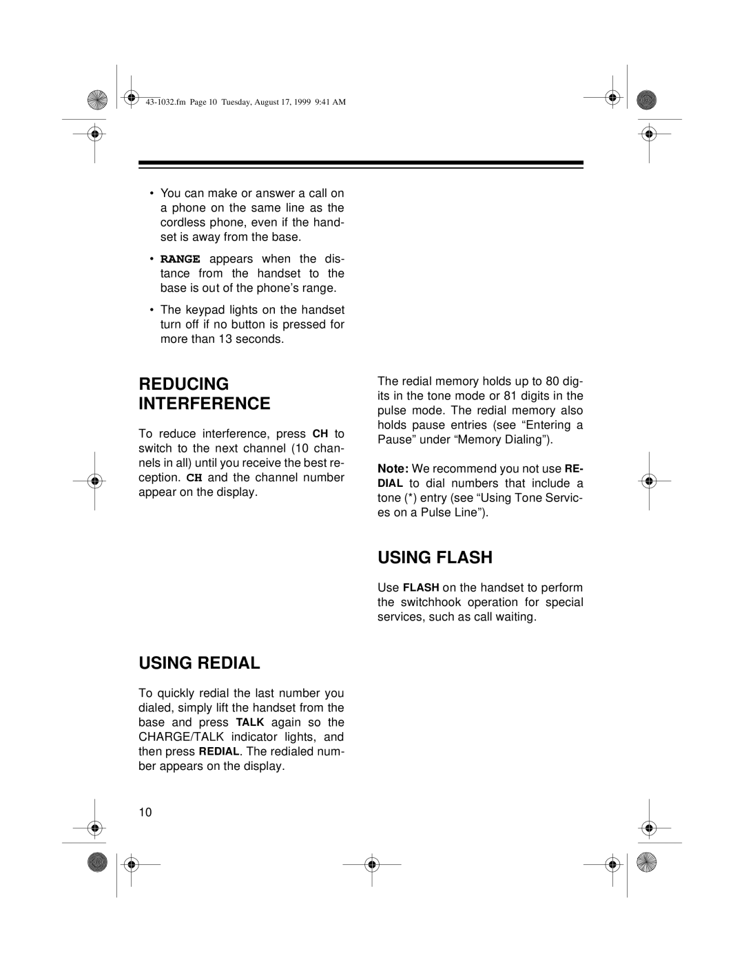 Radio Shack ET-532 owner manual Reducing Interference, Using Redial, Using Flash 