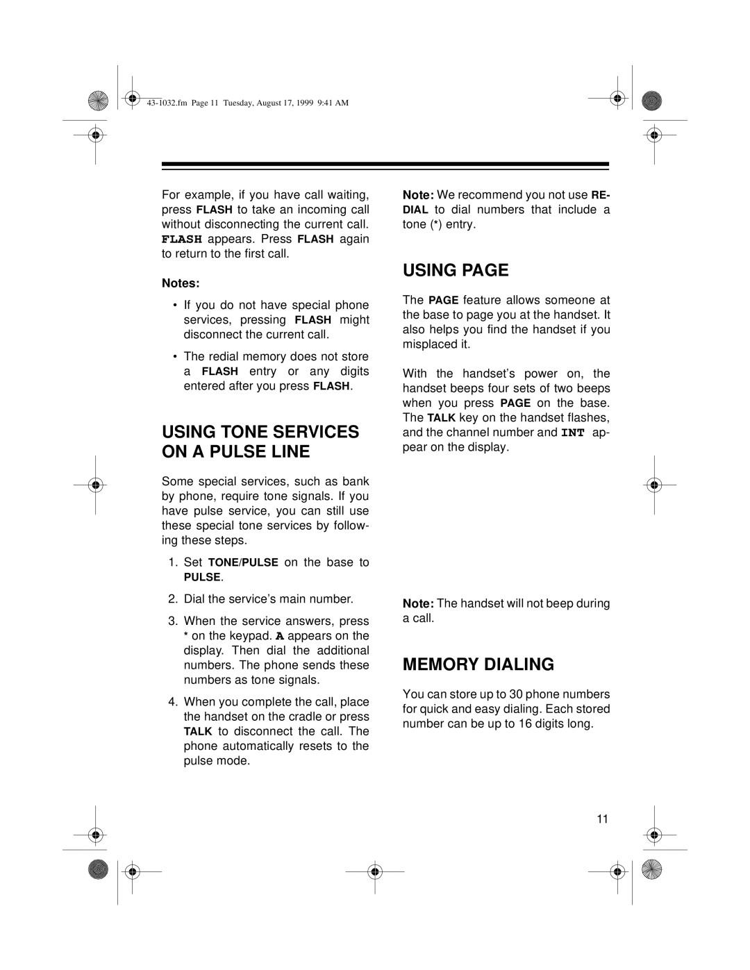 Radio Shack ET-532 owner manual Using, Memory Dialing 