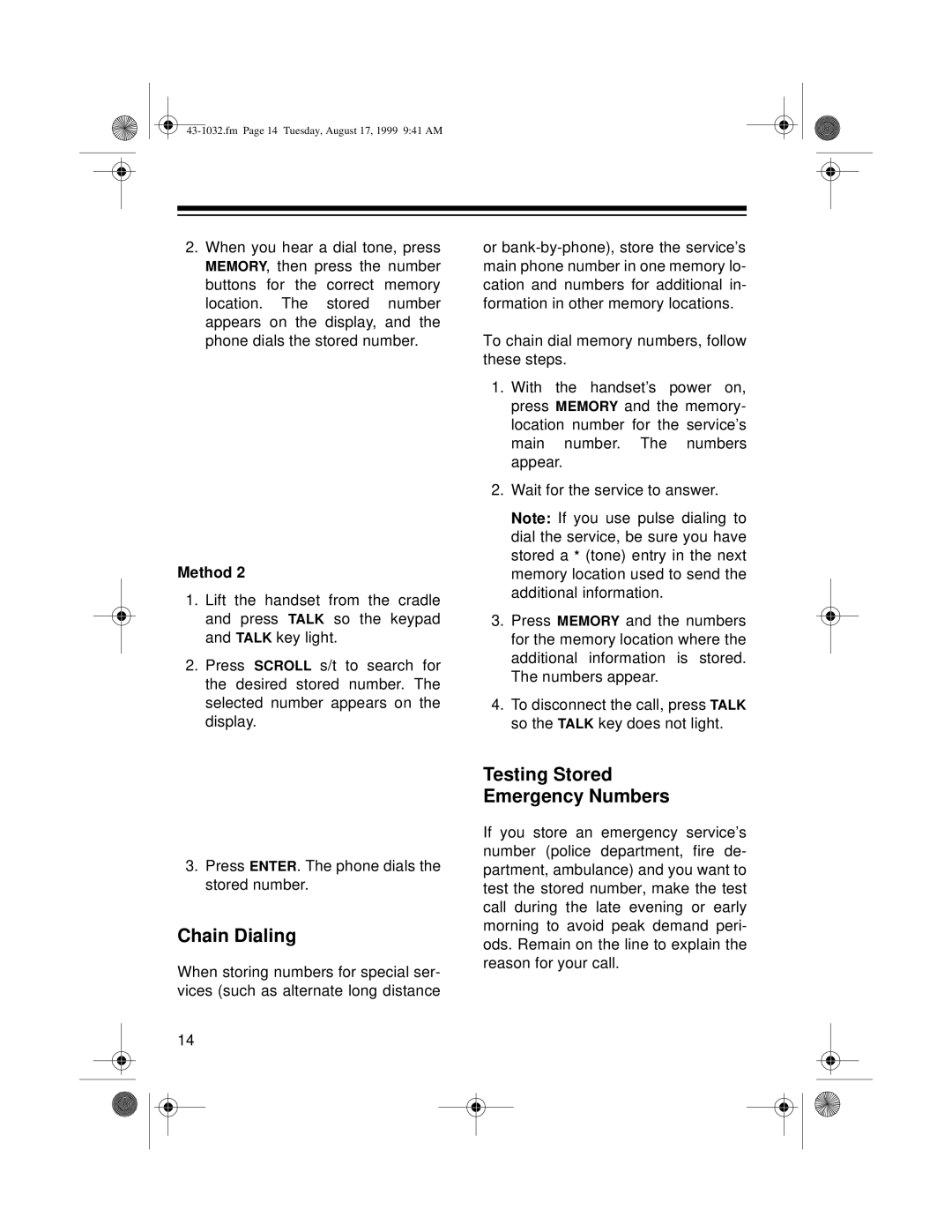 Radio Shack ET-532 owner manual Chain Dialing, Testing Stored Emergency Numbers 