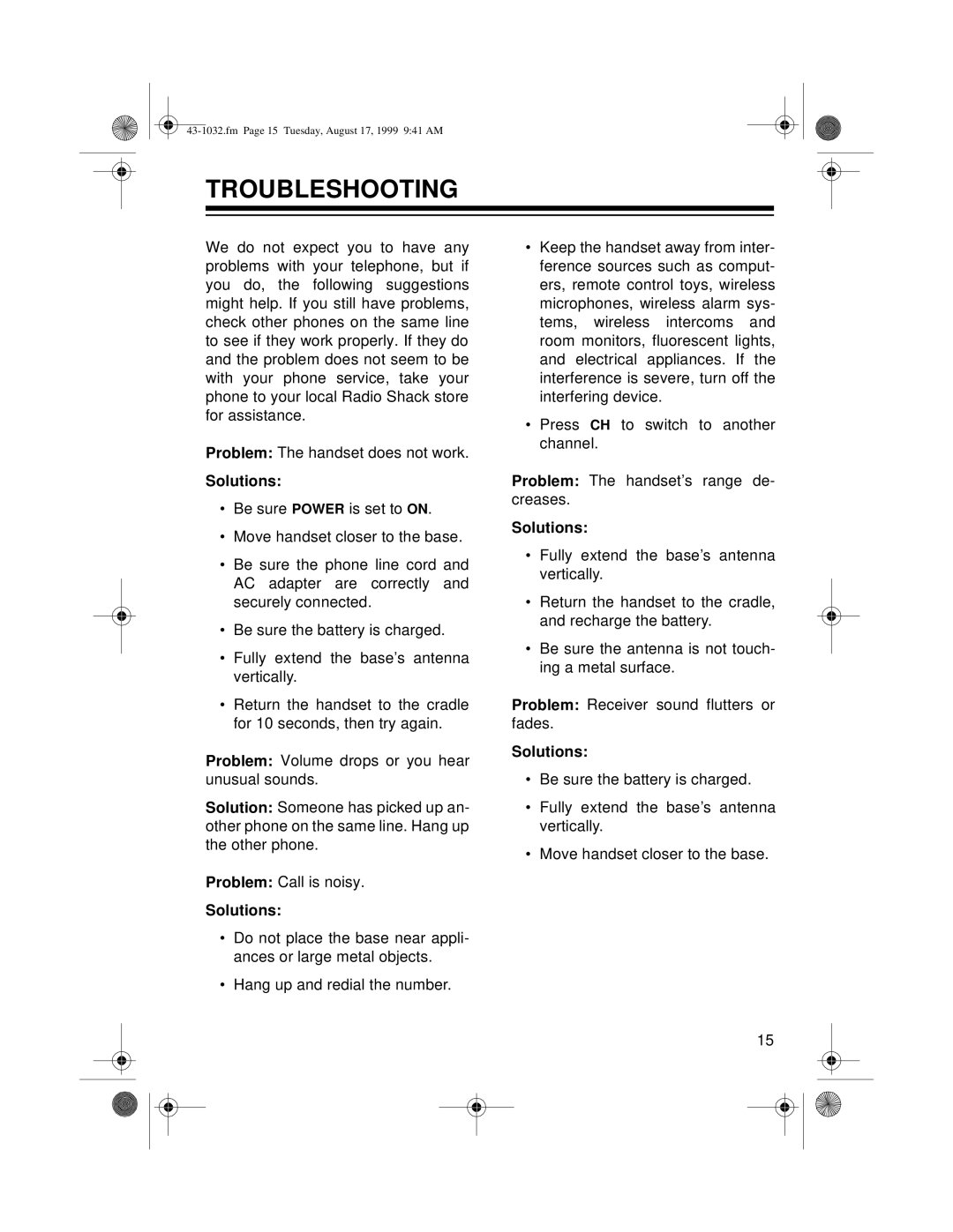 Radio Shack ET-532 owner manual Troubleshooting, Solutions 