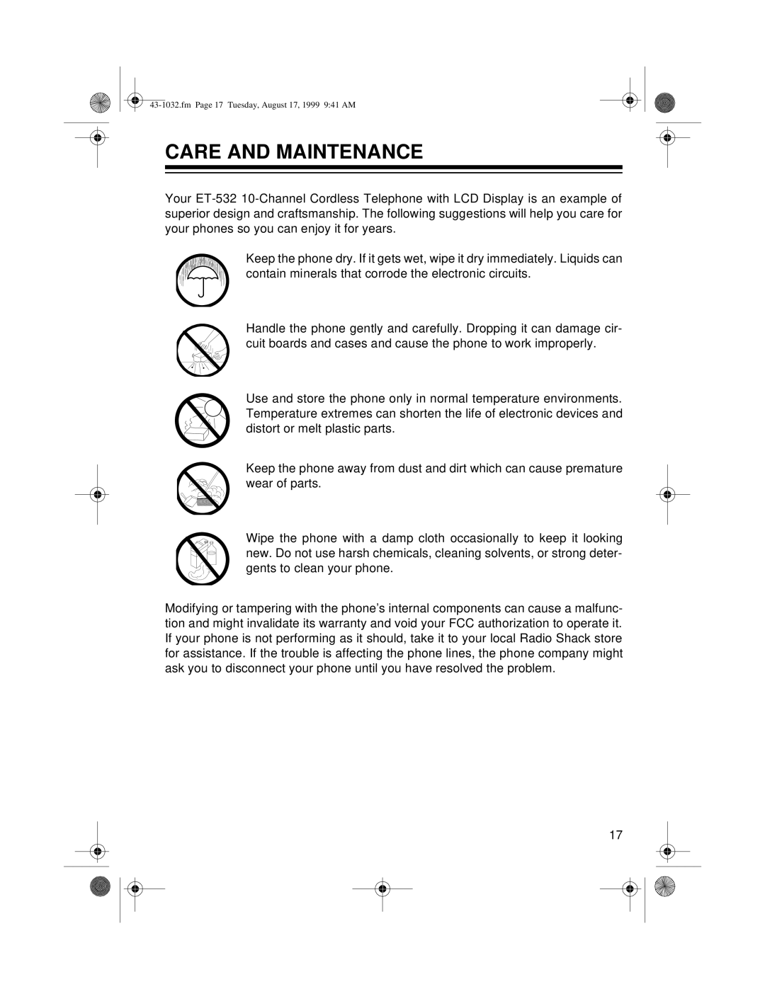 Radio Shack ET-532 owner manual Care and Maintenance 