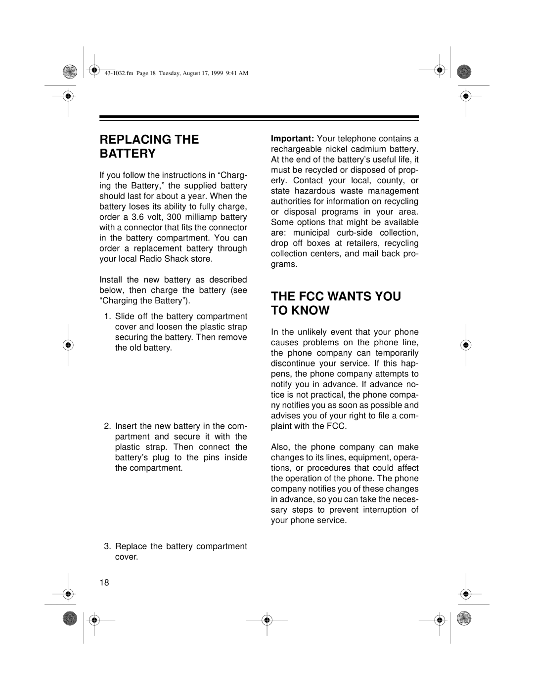 Radio Shack ET-532 owner manual Replacing Battery, FCC Wants YOU to Know 